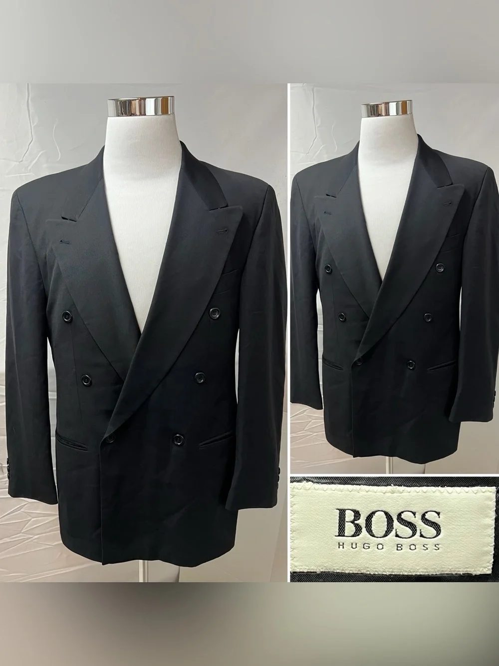 HUGO BOSS Vintage Men's 38R Black Al Capone Double Breasted Blazer Jacket